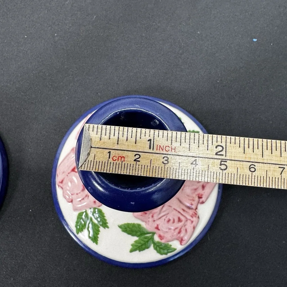 Vtg 1970s Hand Painted Folk Art Pottery Candle Stick Holders Pair‎ of 2